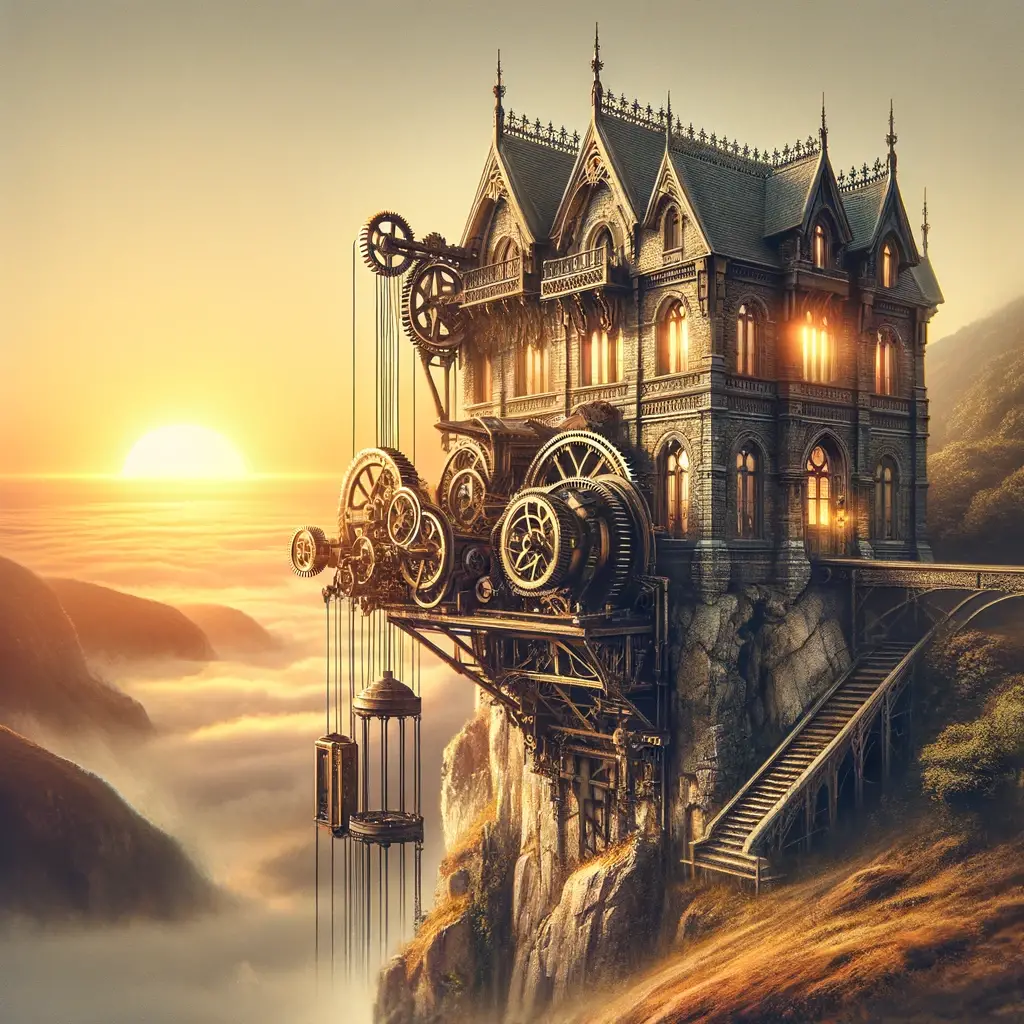 Steampunk Gravity-Powered Electricity Generator on a victorian house on a cliff at sunset